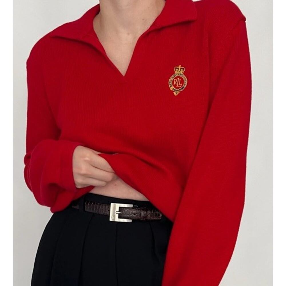 Vintage Lauren Ralph Lauren Women’s Red Sweater Gold Crest Logo Petite Medium